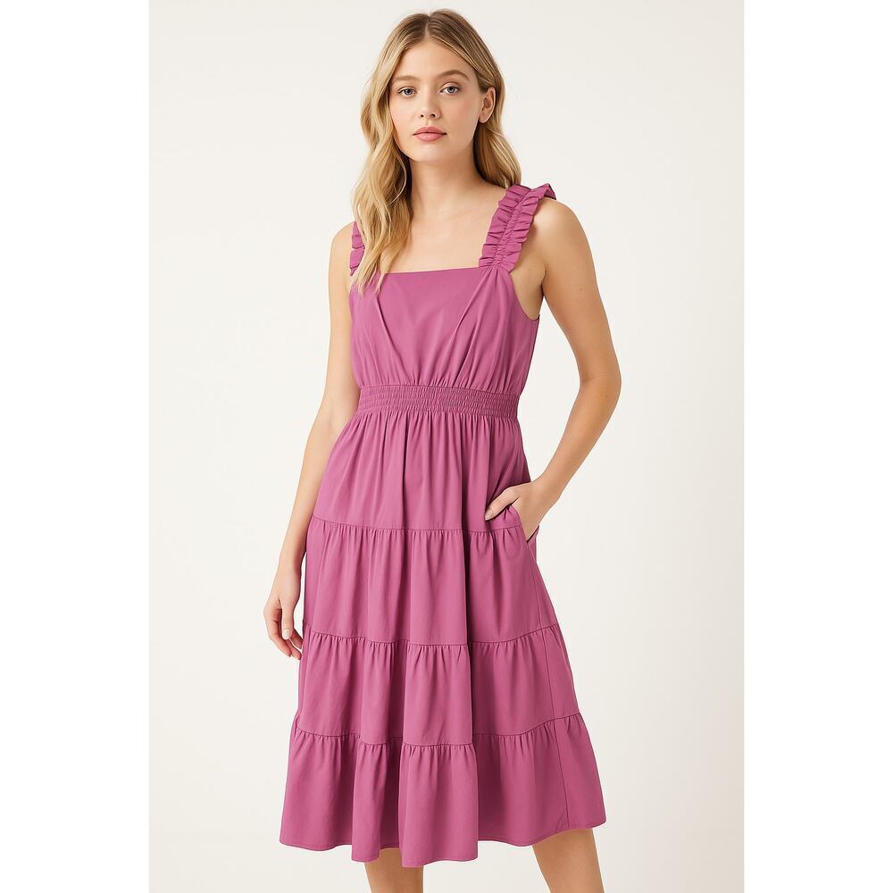 New Easel Los Angeles Tiered Midi Pink Ruffle Strap Pockets Cotton Dress S